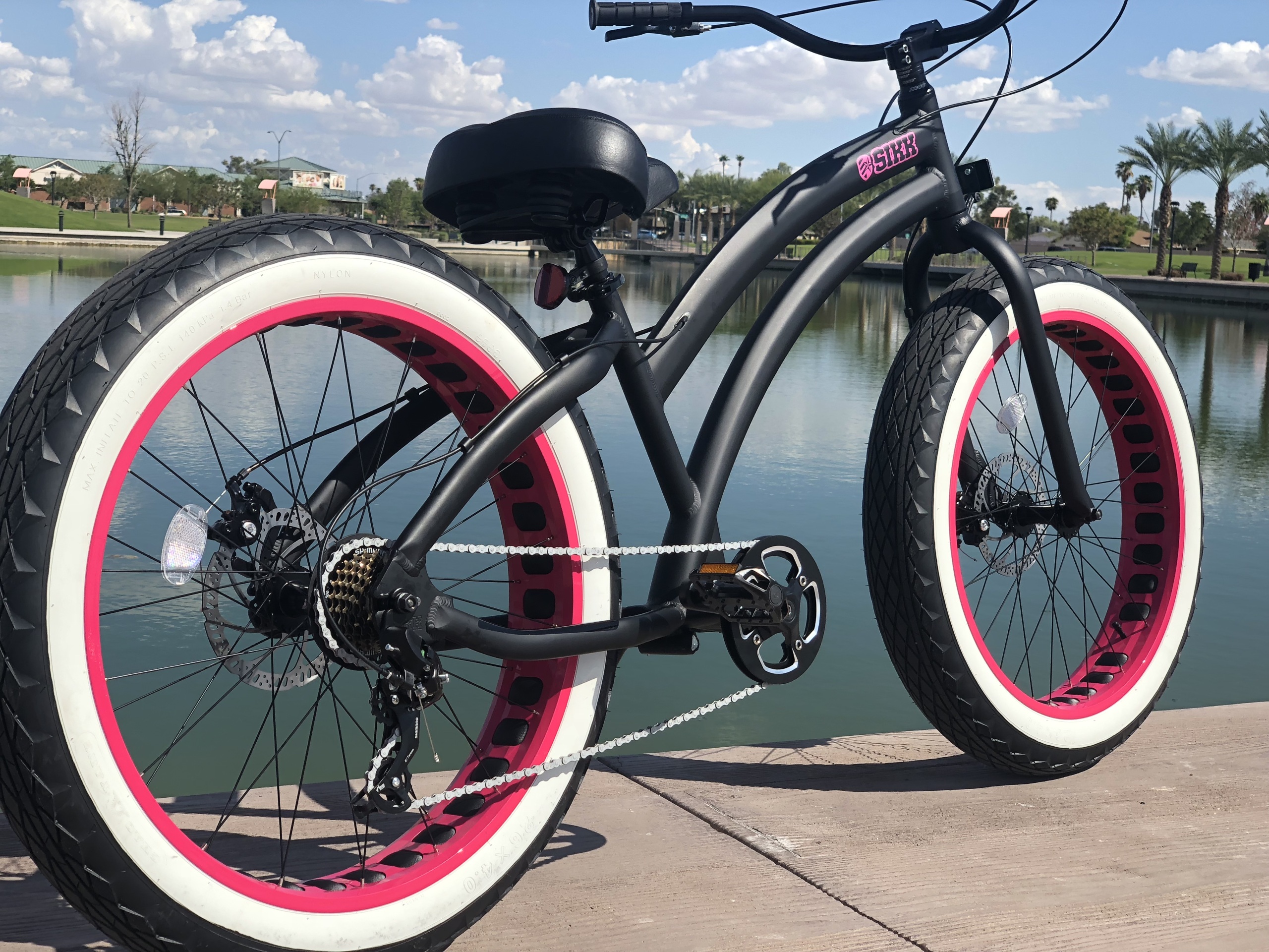 Fat Tire Beach Cruiser Bike ? SIKK Black w Red Rim WW Tires 7 SPEED-CUTOUT RIMS 